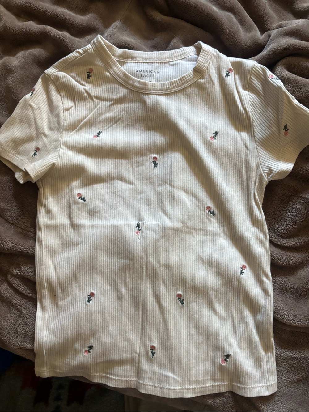 American Eagle Outfitters Cream Ribbed Tee with Pink Rose Embroidery